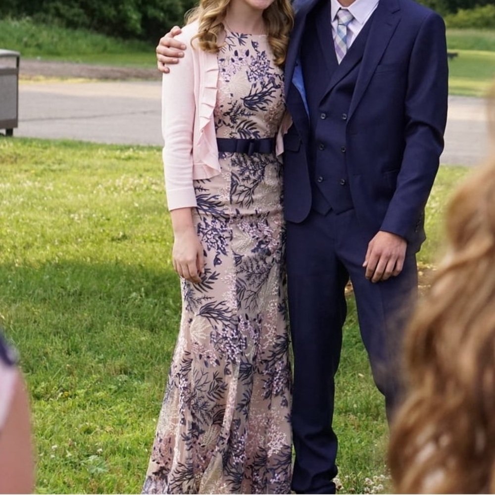 City Triangles Blush Pink and Navy Floral Prom Dress